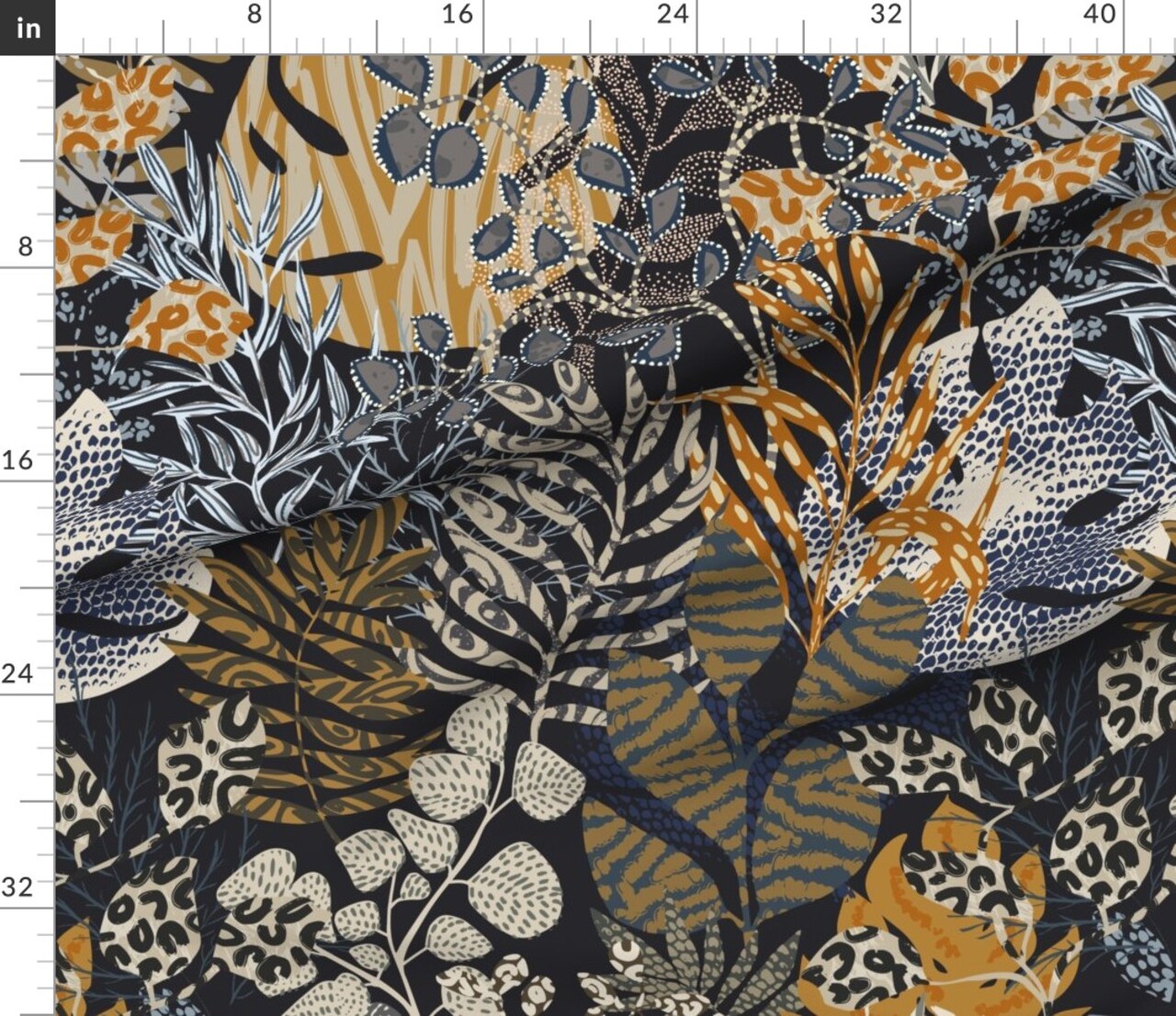 Blue Leaves Animal Print Wild Dark Tropical Tiger Cheetah Lizard Botanical Floral Large Scale Jungle Custom Printed Fabric by Spoonflower Various Fabrics by the Yard or Fat Quarter